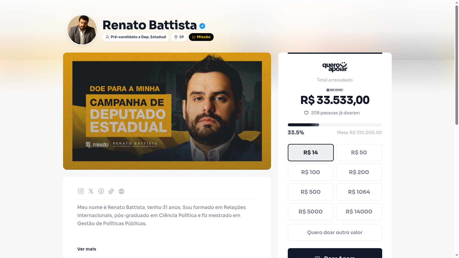 Página de doação de Renato Battista no Quero Apoiar